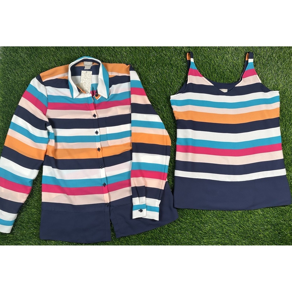NEW Chico's Convertible 2 Piece Twin Set Bold Multi Color Stripes Size Small